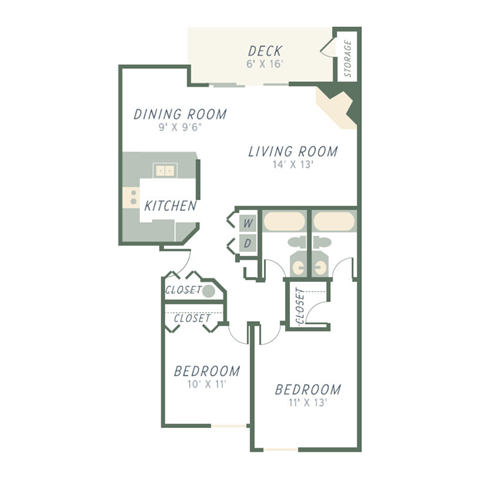 Floor plan for 2 beds, 2 baths, 960 sqft